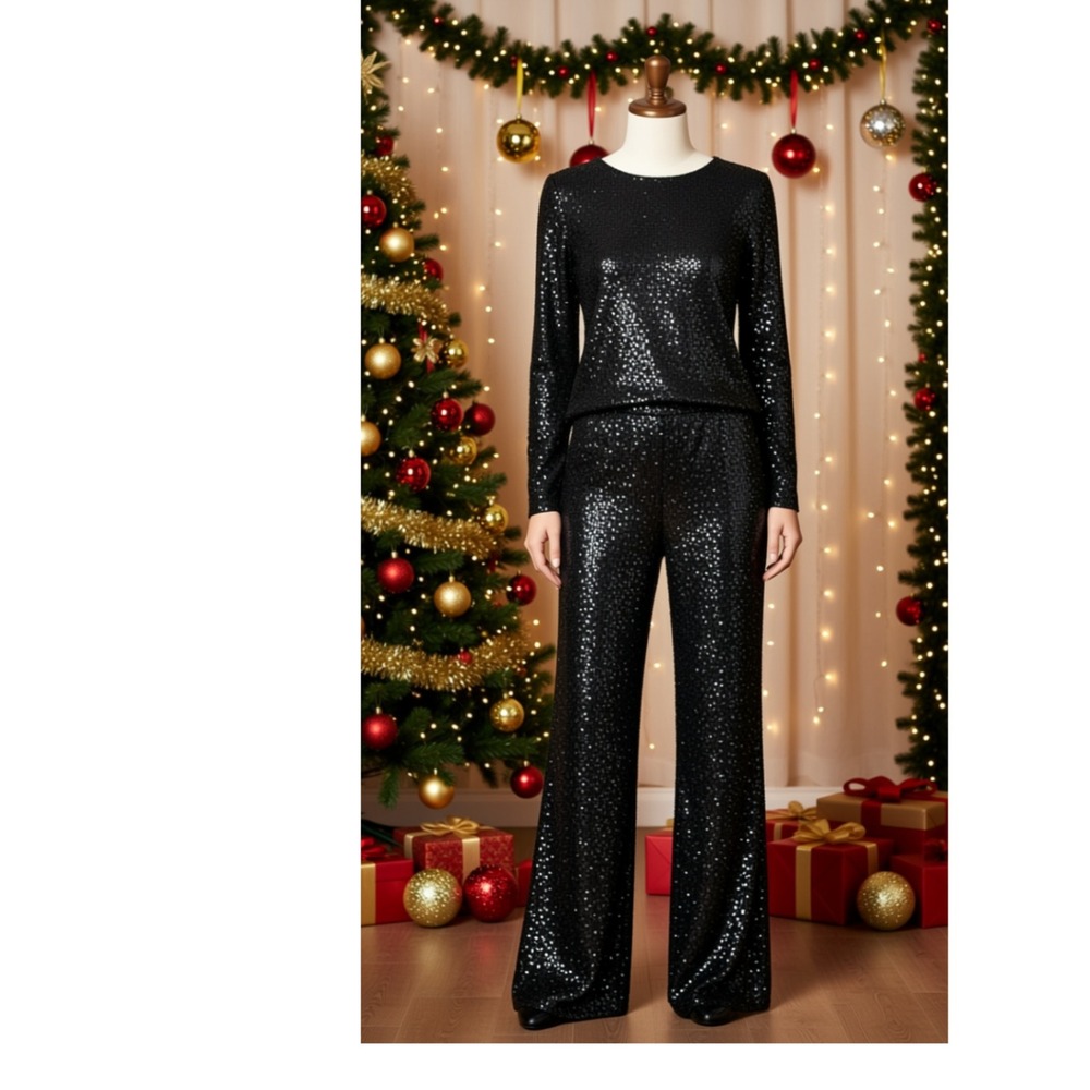Camila Coelho Sequin Holiday Pants [XS] Black Wide Leg High Waist Glam New Years